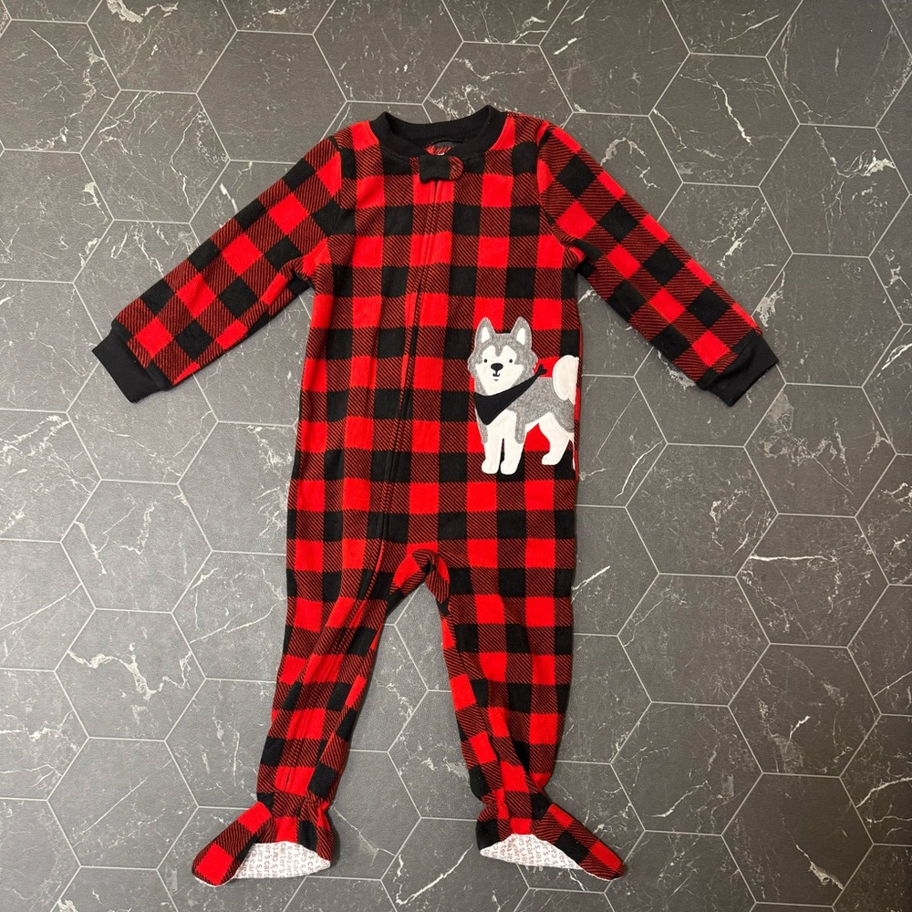 3/$24 Carter's Red and Black Plaid Fleece Footie with Husky 2T